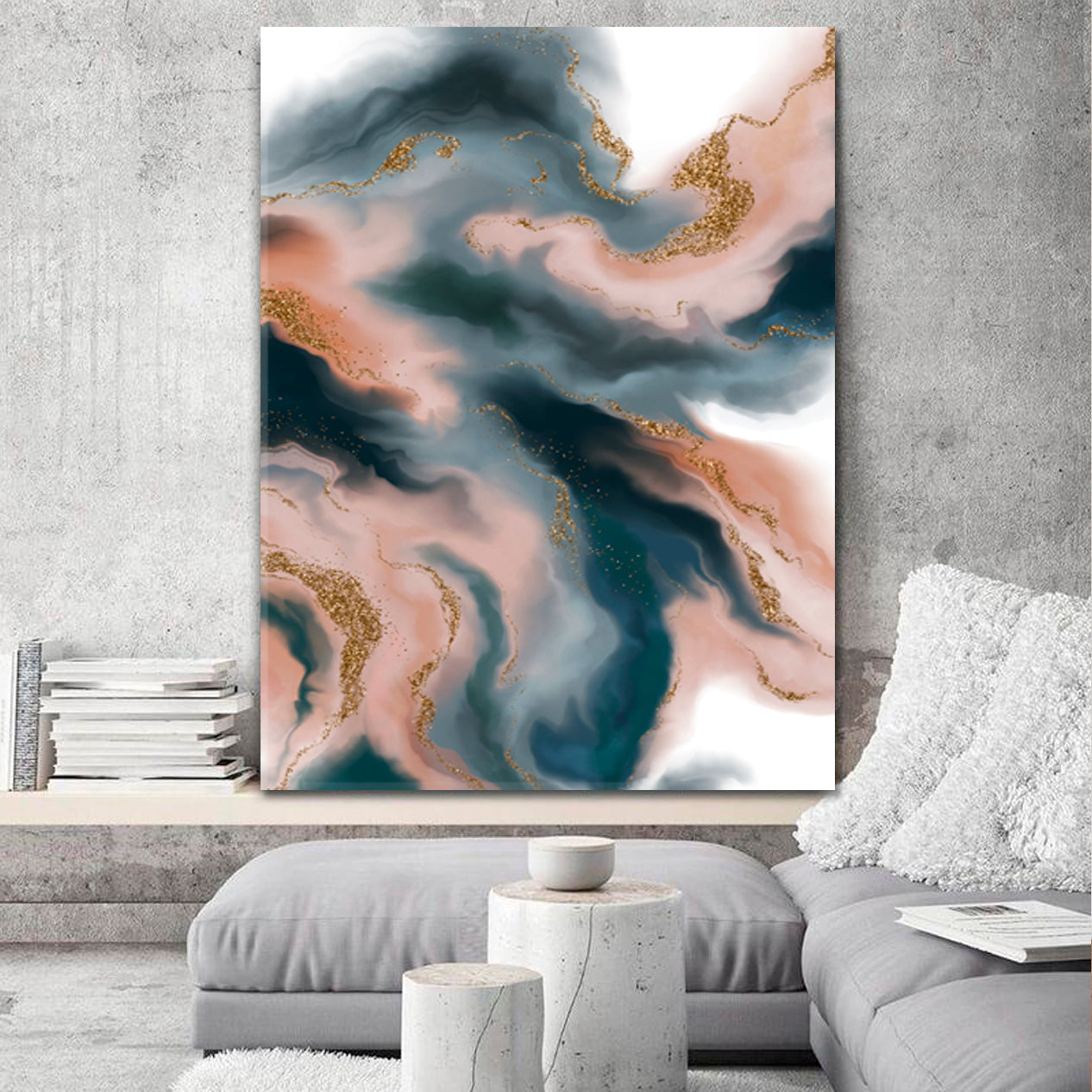 Marble Curved Lines Beautiful Grey Blue Pink Combination Color - Vertical Fluid Art, Oriental Marbling Canvas Print Artesty   