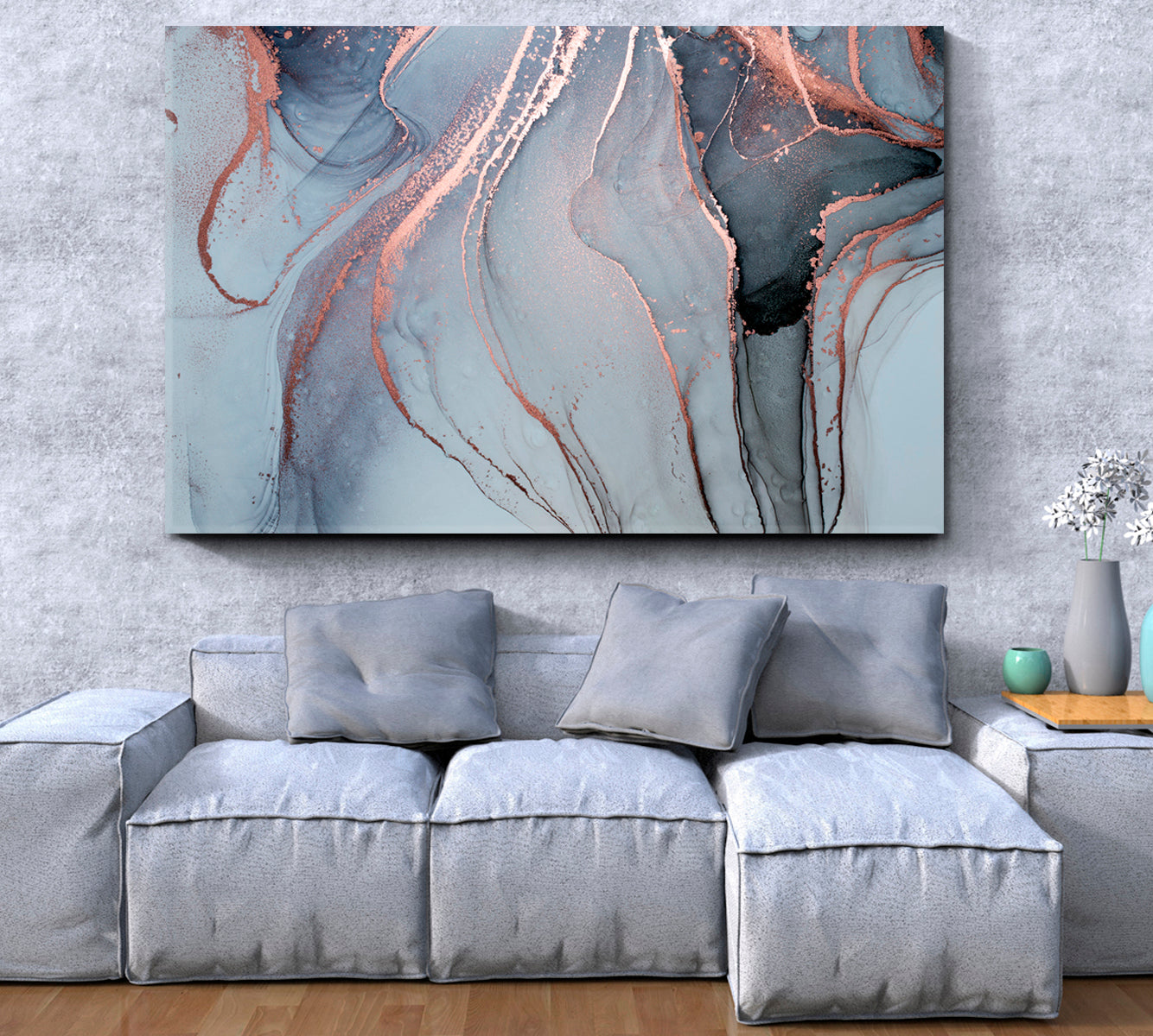 Currents Translucent Ink Hues Abstract Gray Marble Landscape Fluid Art, Oriental Marbling Canvas Print Artesty   