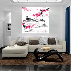 Oriental Landscape Sakura Branches Lake Hills Traditional Japanese Art | Square Asian Style Canvas Print Wall Art Artesty   