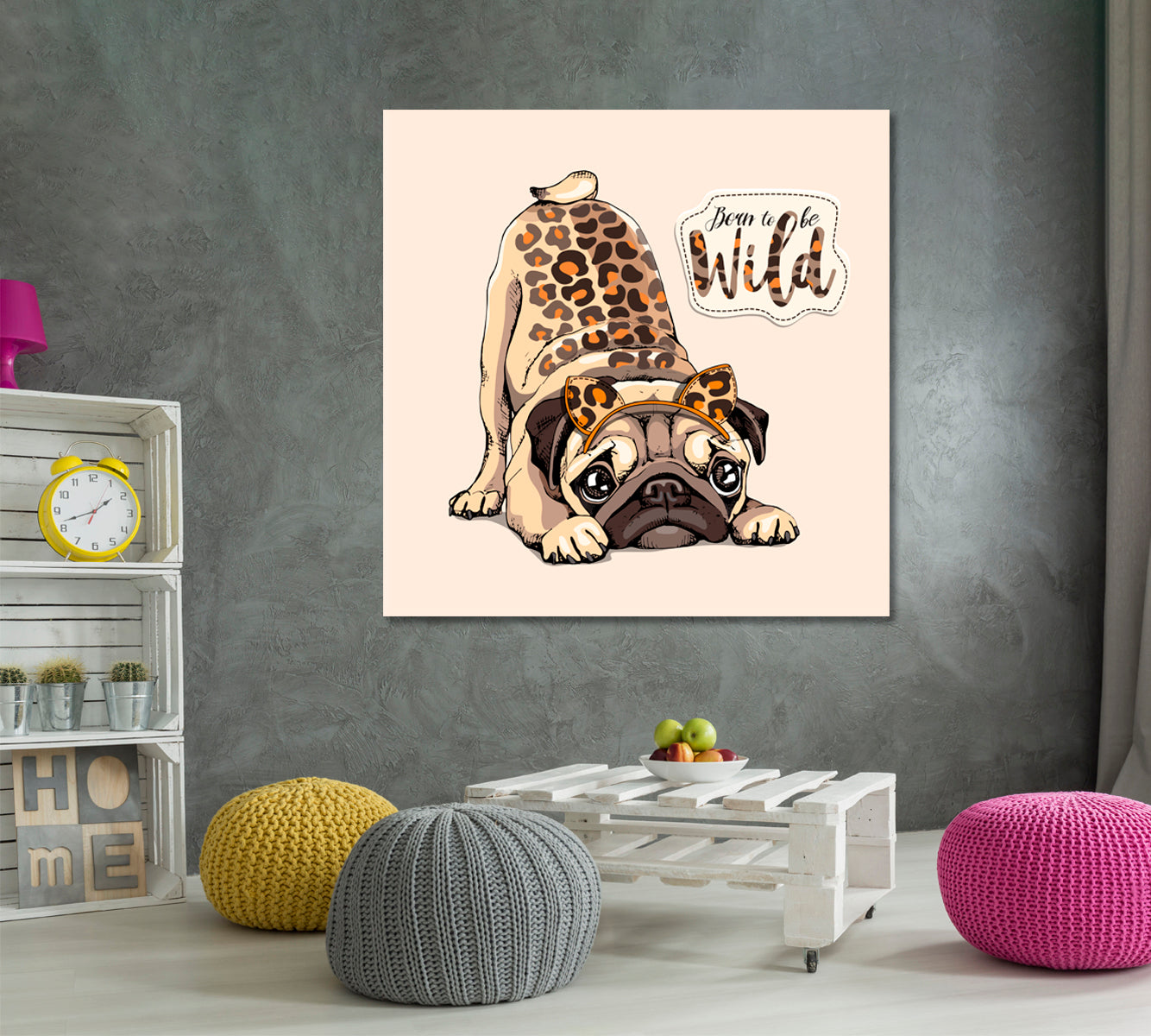 BORN TO BE WILD Cute Pug Funny Dog Whimsical Animal Canvas Print | Square Panel Animals Canvas Print Artesty   