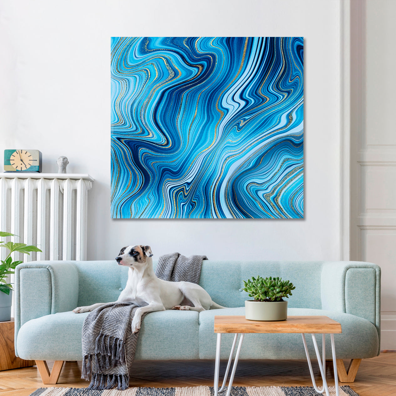 Creative Agate Artistic Marble Sky Blue & Gold Veins Canvas Print - Square Abstract Art Print Artesty 1 Panel 12"x12" 