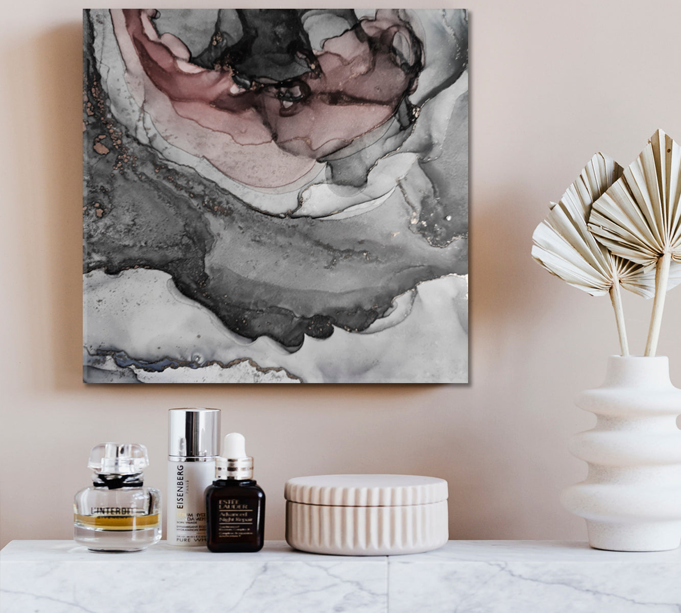 Modern Gray Marble Mystery Elegant Liquid Ebru Art Fluid Art, Oriental Marbling Canvas Print Artesty   