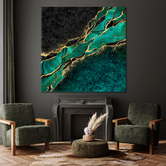MALACHITE Japanese Kintsugi Technique Abstract Green Black Marble with Gold Veins Stone Canvas Print - Square Fluid Art, Oriental Marbling Canvas Print Artesty   