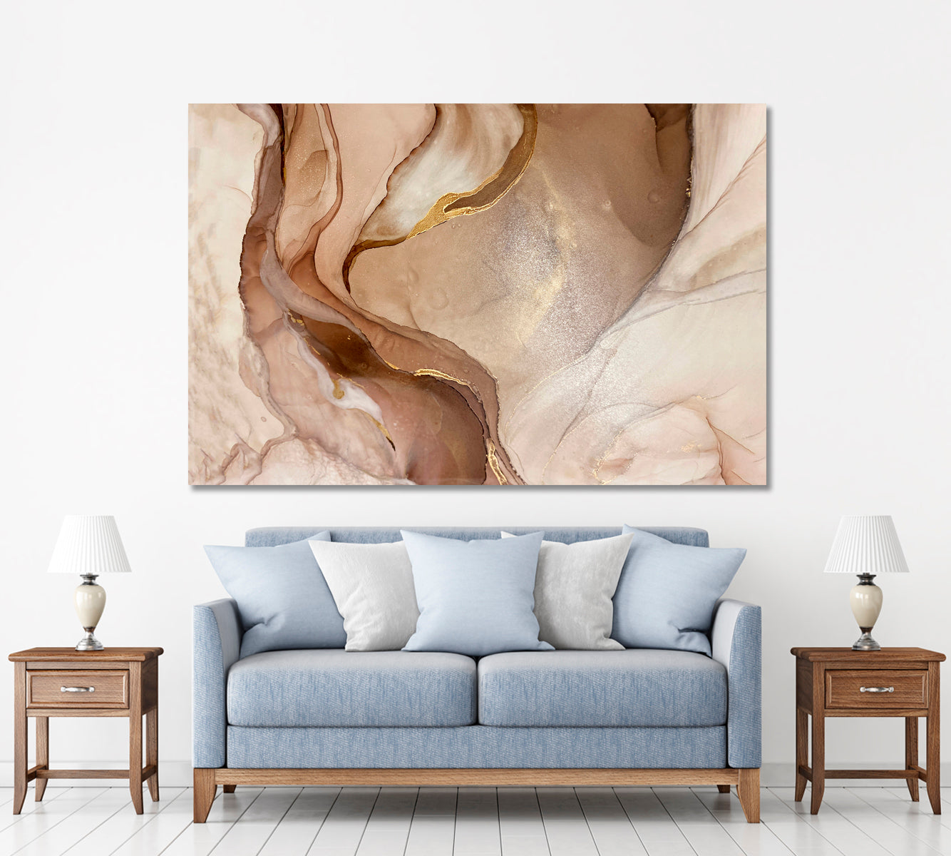 Abstract Marble Beige Golden Veins Neutral Earth Tones Ink Painting Fluid Art, Oriental Marbling Canvas Print Artesty   