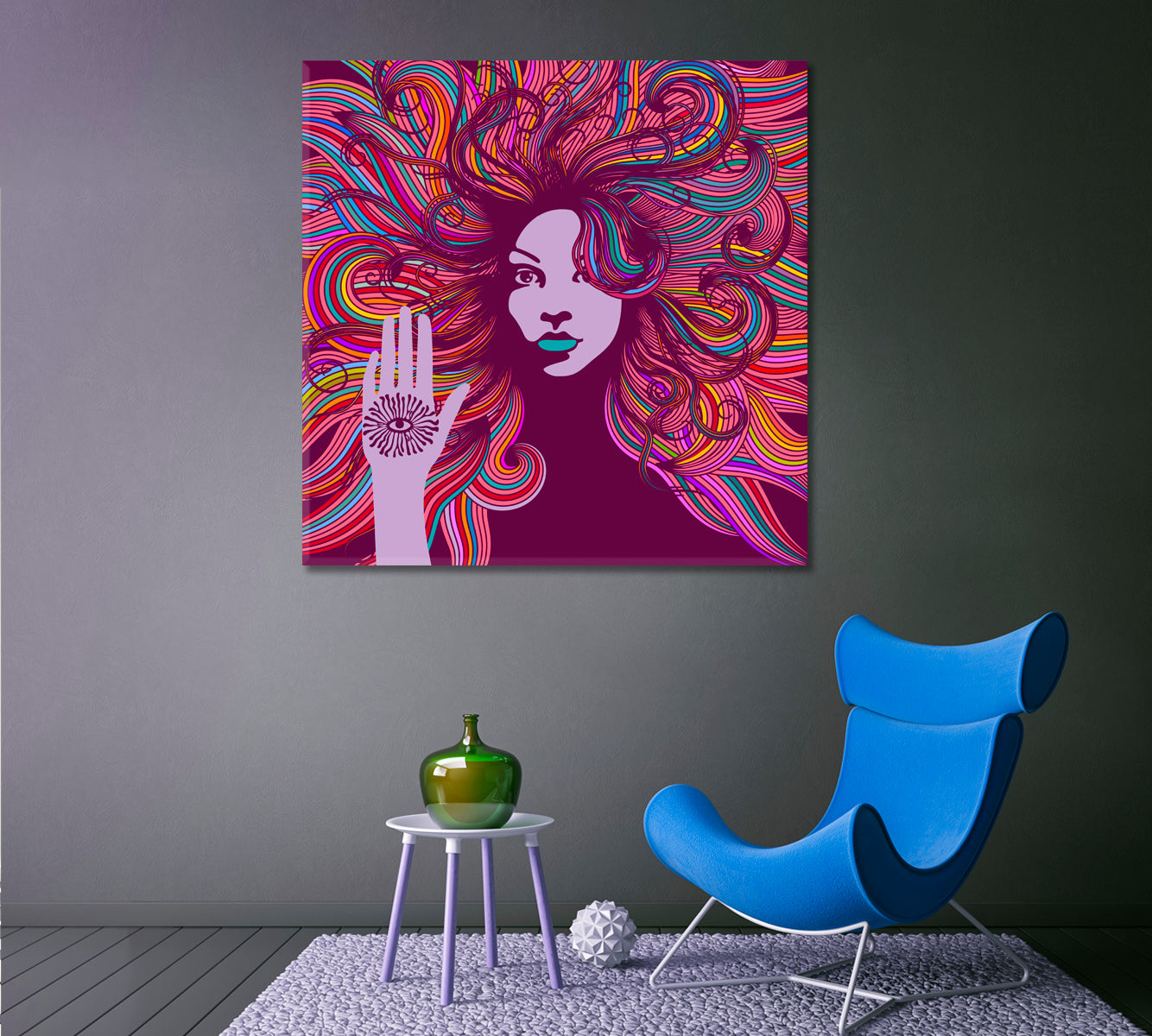 Psychedelic Portrait Hippie Woman Colorful Hair Evil Eye Protection Religious Modern Art Artesty   