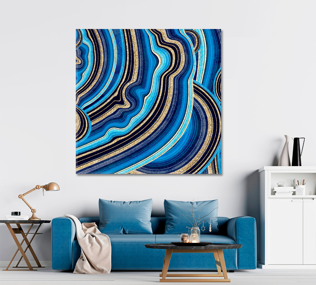 Agate with Blue and Gold Veins Swirls of Marble Canvas Print - Square Abstract Art Print Artesty 1 Panel 12"x12" 