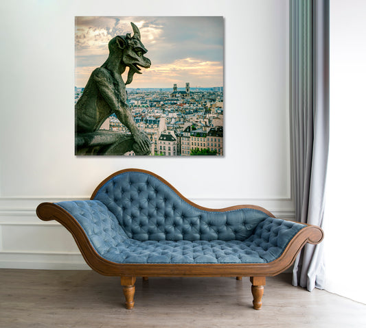 Paris Skyline with the French Gargoyle Photo Art Canvas Print | Square Panel Cities Wall Art Artesty   