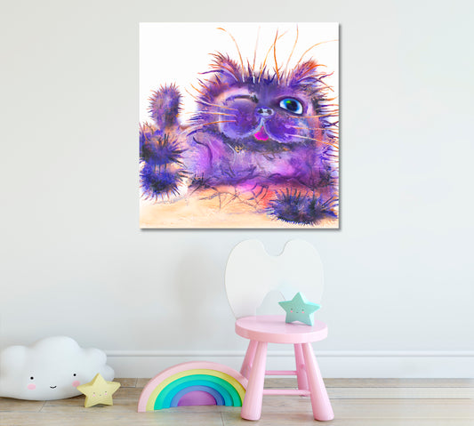 It's All Good | CUTE FLUFFY CAT Cartoon Whimsical Animals Kids Room Canvas Print - Square Panel Animals Canvas Print Artesty