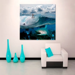 WILDLIFE Underwater Sea Life Breaking Wave Sky Seagulls Shark - S Nautical, Sea Life Pattern Art Artesty   