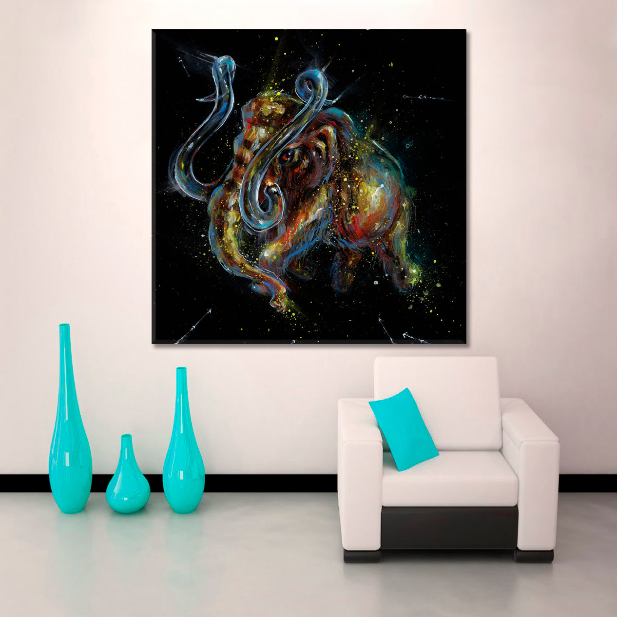 Golden Mammoth Representing Wealth Fantasy Animal Drip Paint Vivid on Black Canvas Print - Square Panel Contemporary Art Artesty 1 Panel 12"x12" 