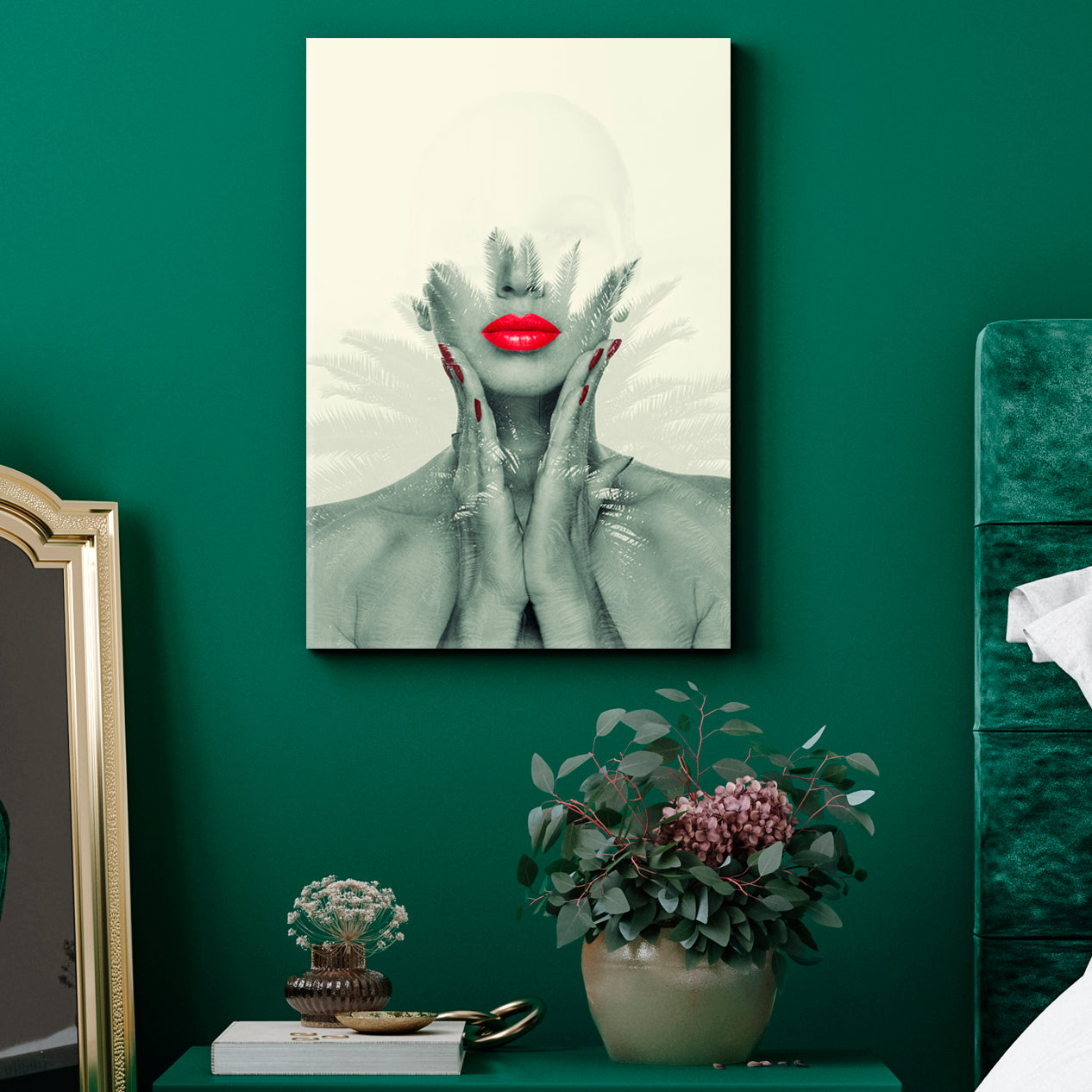 MODERN ABSTRACT ART Beautiful Woman Red Lips Tropical Palms Contemporary Art Artesty   
