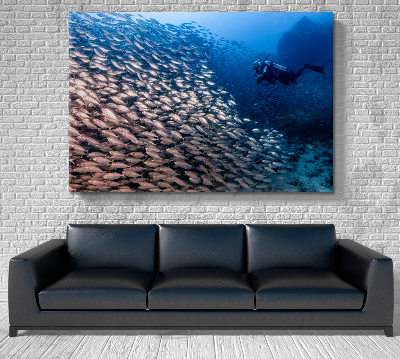 Divers Large School Fish Coral Reef Sea Bottom Nautical, Sea Life Pattern Art Artesty   