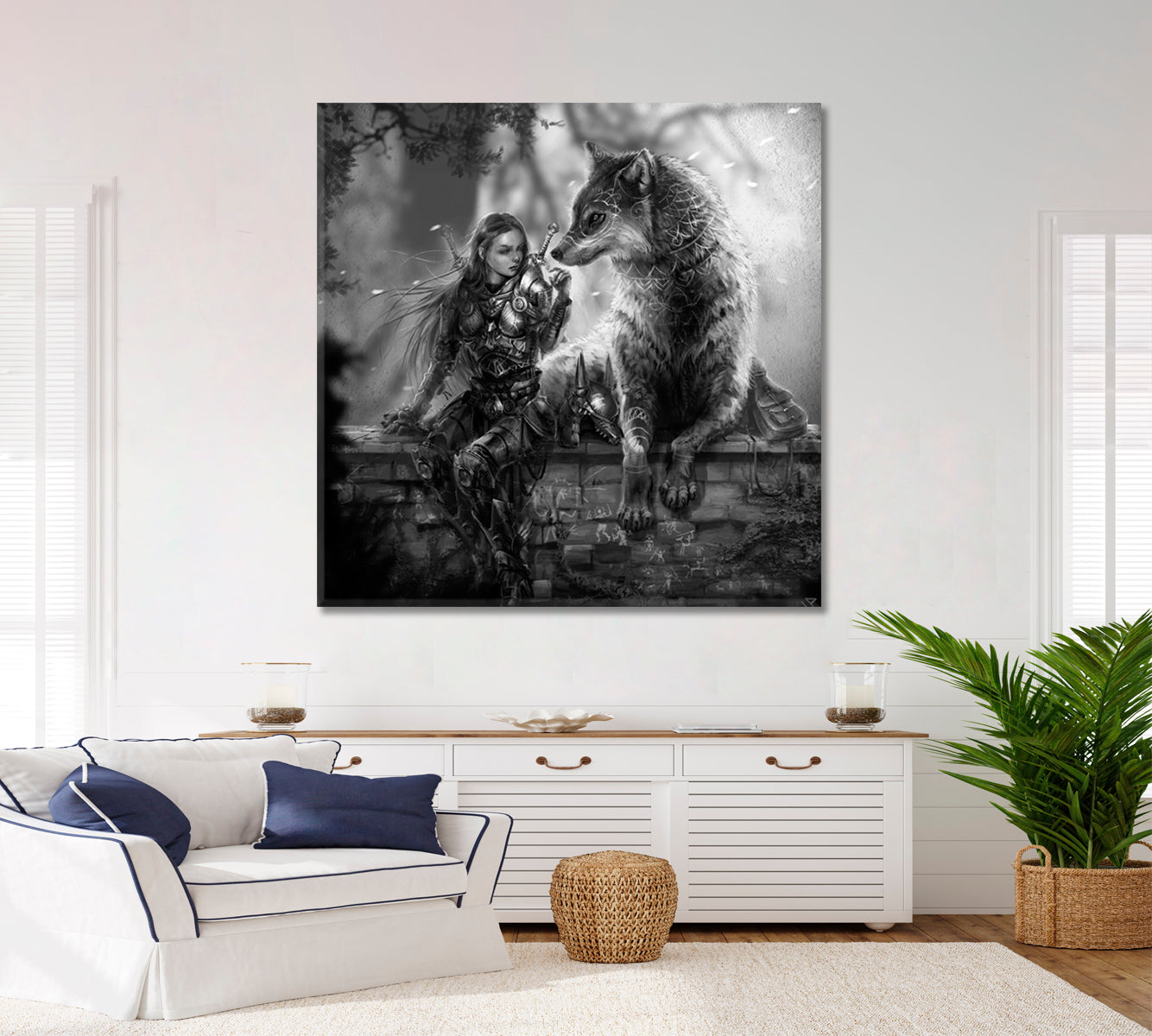 LADY OF WOLVES Mystical Woman Wild Wolf Fantasy Concept Canvas Print - Square Surreal Fantasy Large Art Print Décor Artesty   