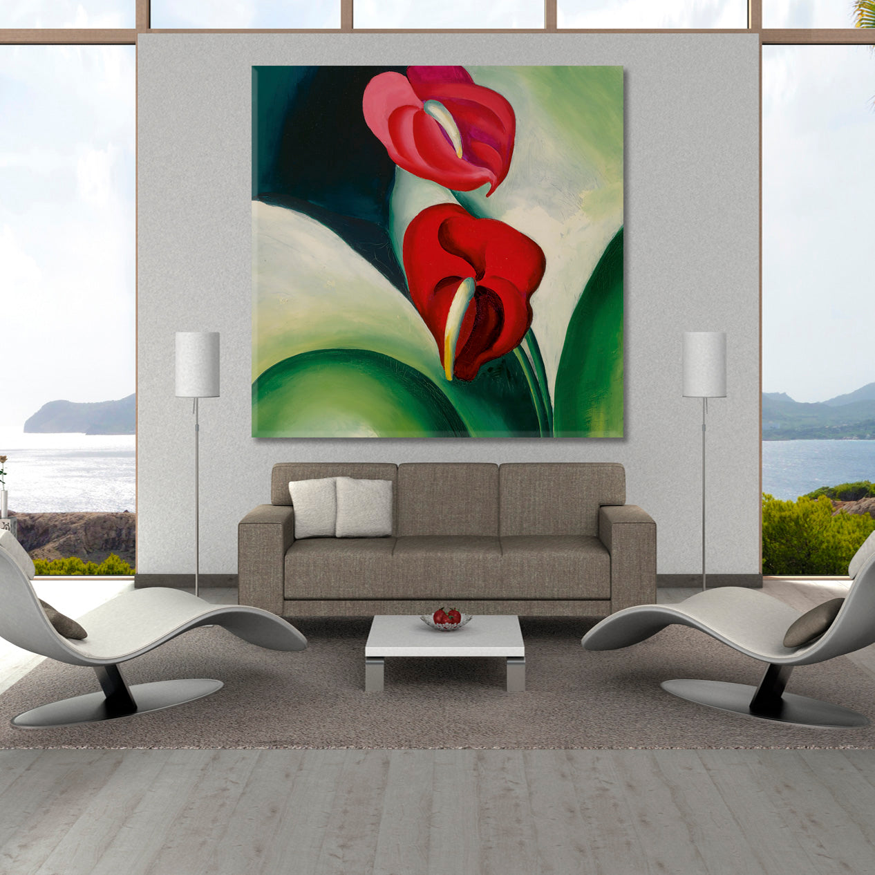 FLAMINGO FLOWER Anthurium Large Flowers Abstract Forms  - Square Floral & Botanical Split Art Artesty   