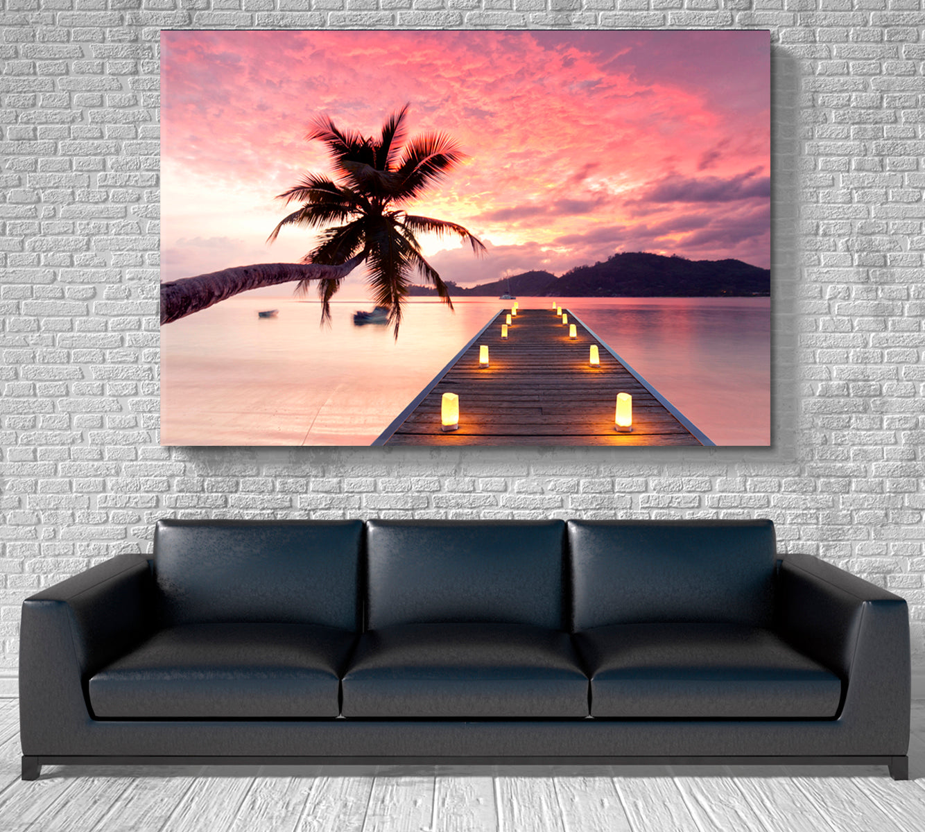 Romantic Pink Sunset Jetty Tropical Beach Picturesque Landscape Scenery Landscape Fine Art Print Artesty 1 panel 24" x 16" 