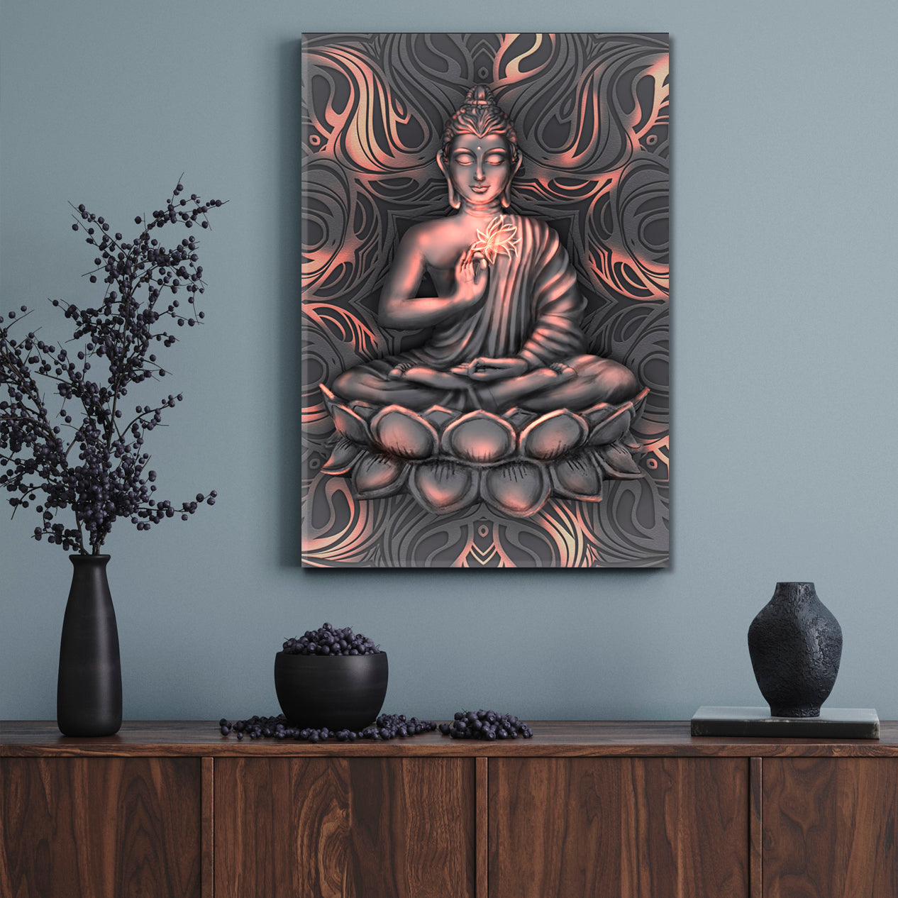 Shining Buddha Lotus Pose Stylized Mandala Painting Religious Modern Art Artesty   