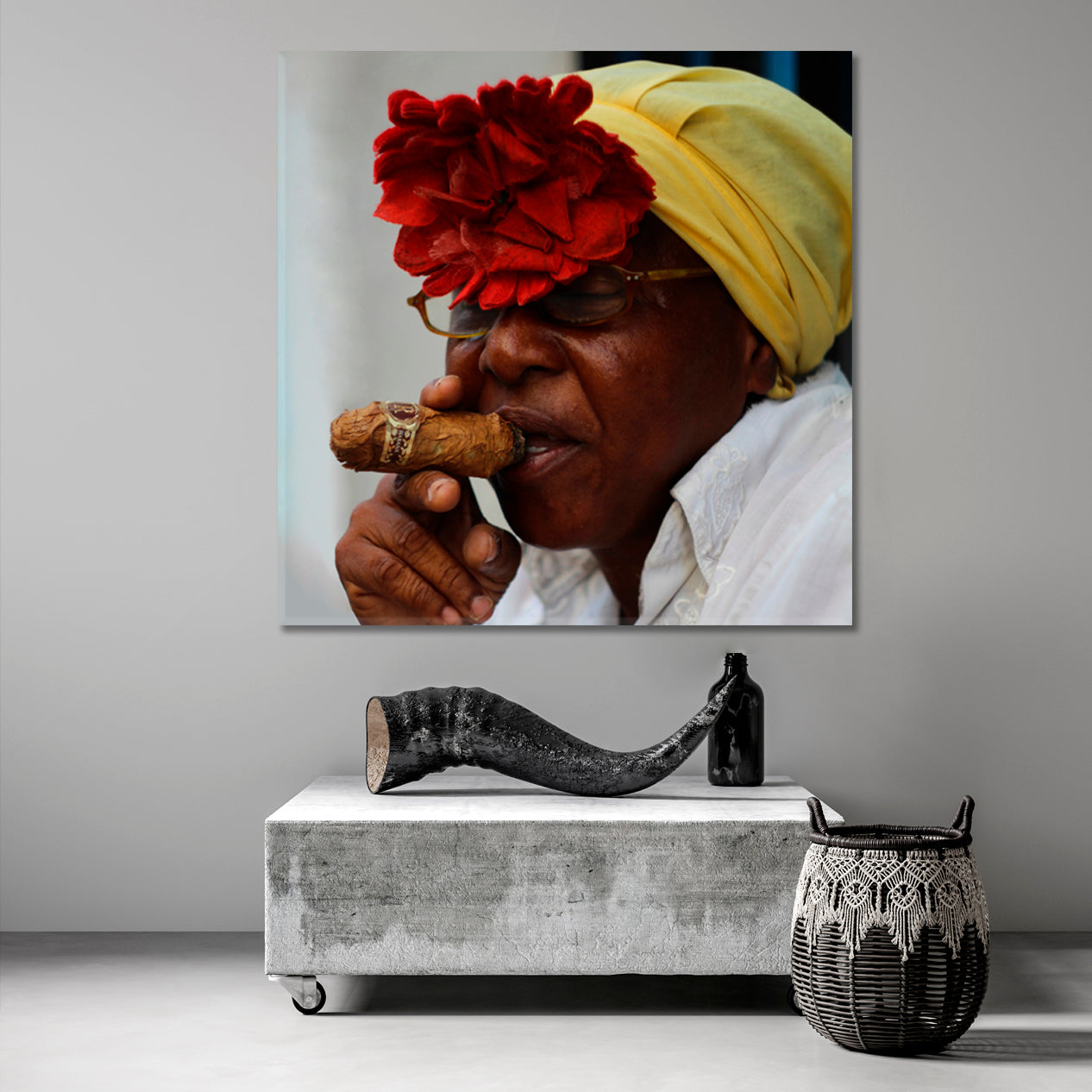 HAVANA Cuban African American Woman Cigar Smoking Head Scarf | Canvas Print - Square Panel People Portrait Wall Hangings Artesty   