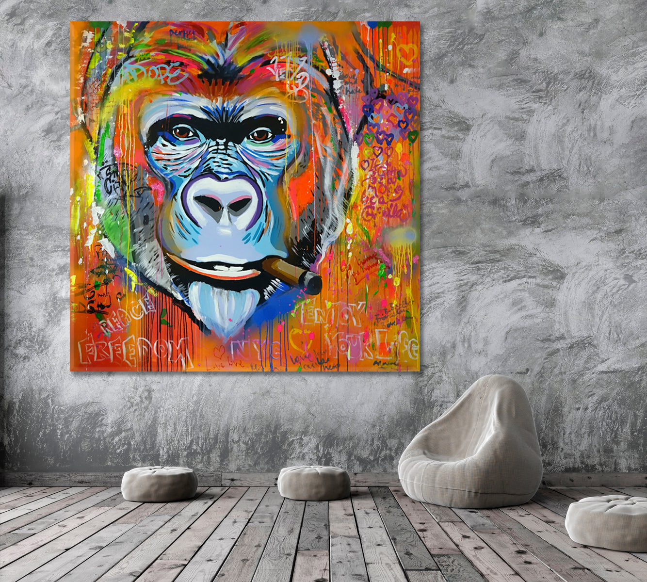 Monkey Gorilla Smoking Cigar Grunge Banksy Graffiti Style - S Contemporary Art Artesty   