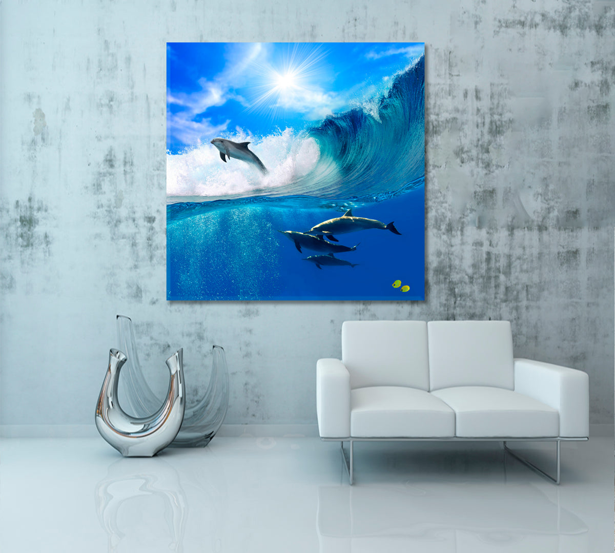 Oceanview | Flock of Playful Dolphins Canvas Print Giclée - Square Panel Nautical, Sea Life Pattern Art Artesty 1 Panel 12"x12" 