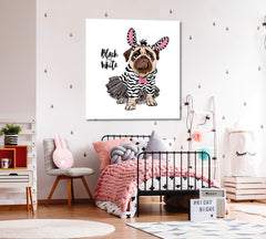 Cute Puppy Pug Ballerina Tutu Striped Black & White Top Baby Girl Room Canvas Print | Square Panel Kids Room Canvas Art Print Artesty   