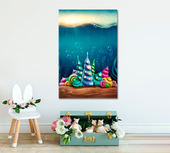 ART FOR KIDS Fantasy Underwater Kingdom Shell Huts Nautical, Sea Life Pattern Art Artesty   