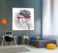 SUPERSTAR Cute Giraffe Hipster USA Hat Baby Room Canvas Print | Square Panel Animals Canvas Print Artesty   