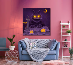 FAIRY TALE Huge Fairy Yule Cat Dreamlike Surreal Kid's Art Canvas Print | Square Panel Kids Room Canvas Art Print Artesty   