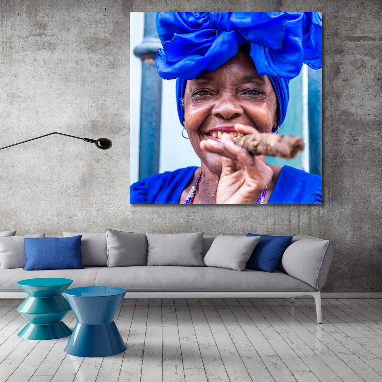 TRADITIONAL HAVANA African Cuban Woman Big Fat Cigar Canvas Print - Square Panel People Portrait Wall Hangings Artesty   