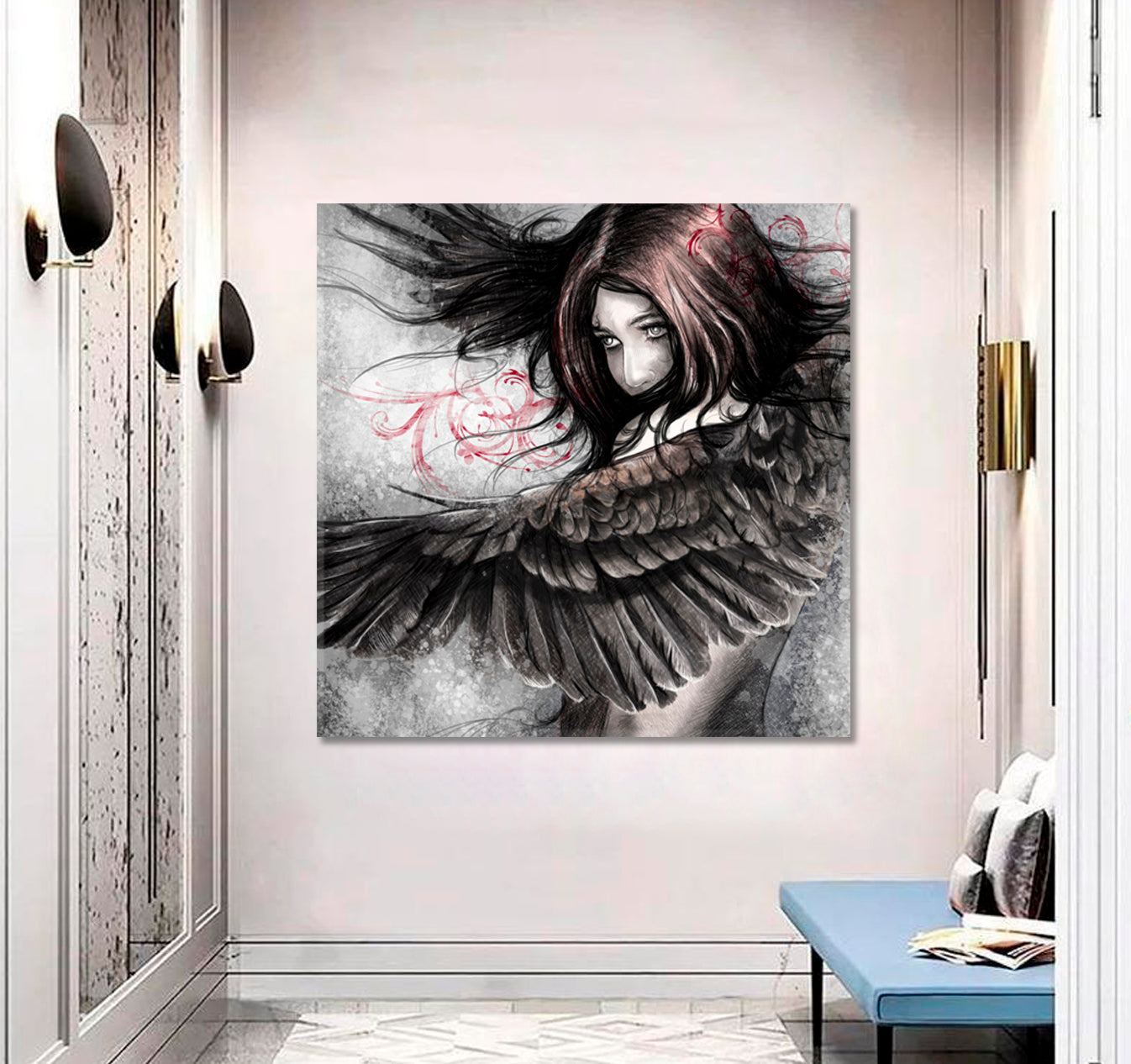 CHASING A DREAM  Beautiful Girl with Eagle Wings Fantasy Concept  - Square Panel Abstract Art Print Artesty   