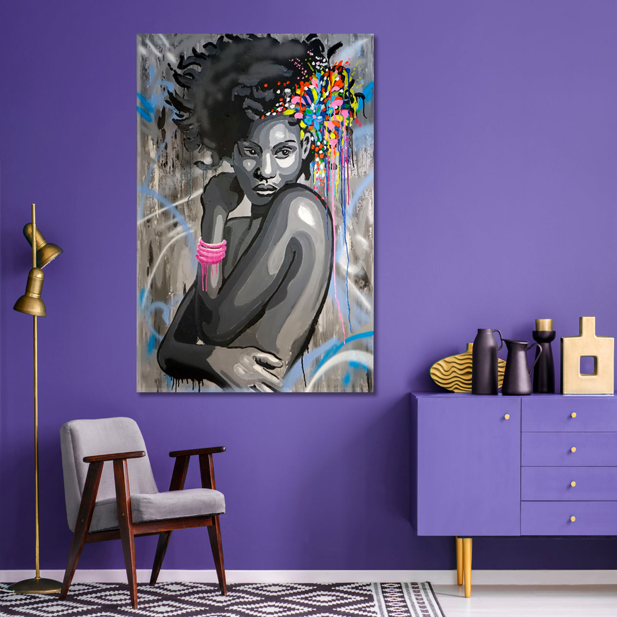 HAIRSTYLE African Beautiful Women Abstract Drip Art Graffiti Style - Vertical Contemporary Art Artesty   