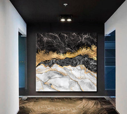 Black & Gold Abstract Marble Effect Canvas Print - Square Fluid Art, Oriental Marbling Canvas Print Artesty   