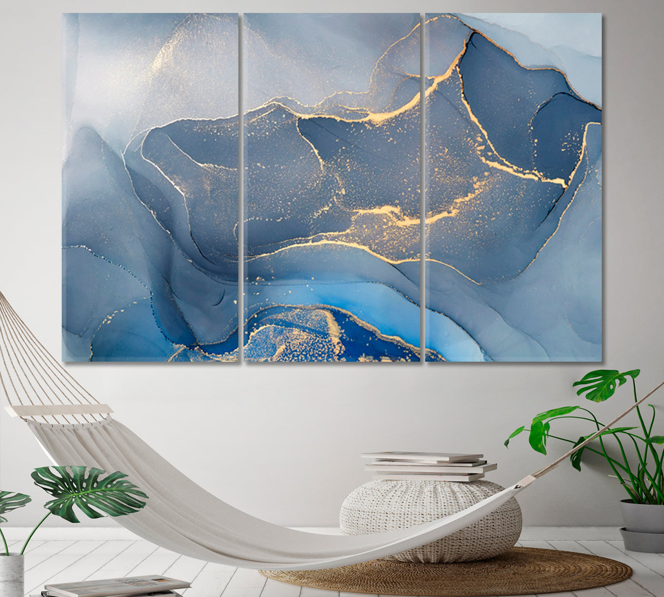 ORIENTAL Abstract Blu Marble Fluid Art, Oriental Marbling Canvas Print Artesty 3 panels 36" x 24" 