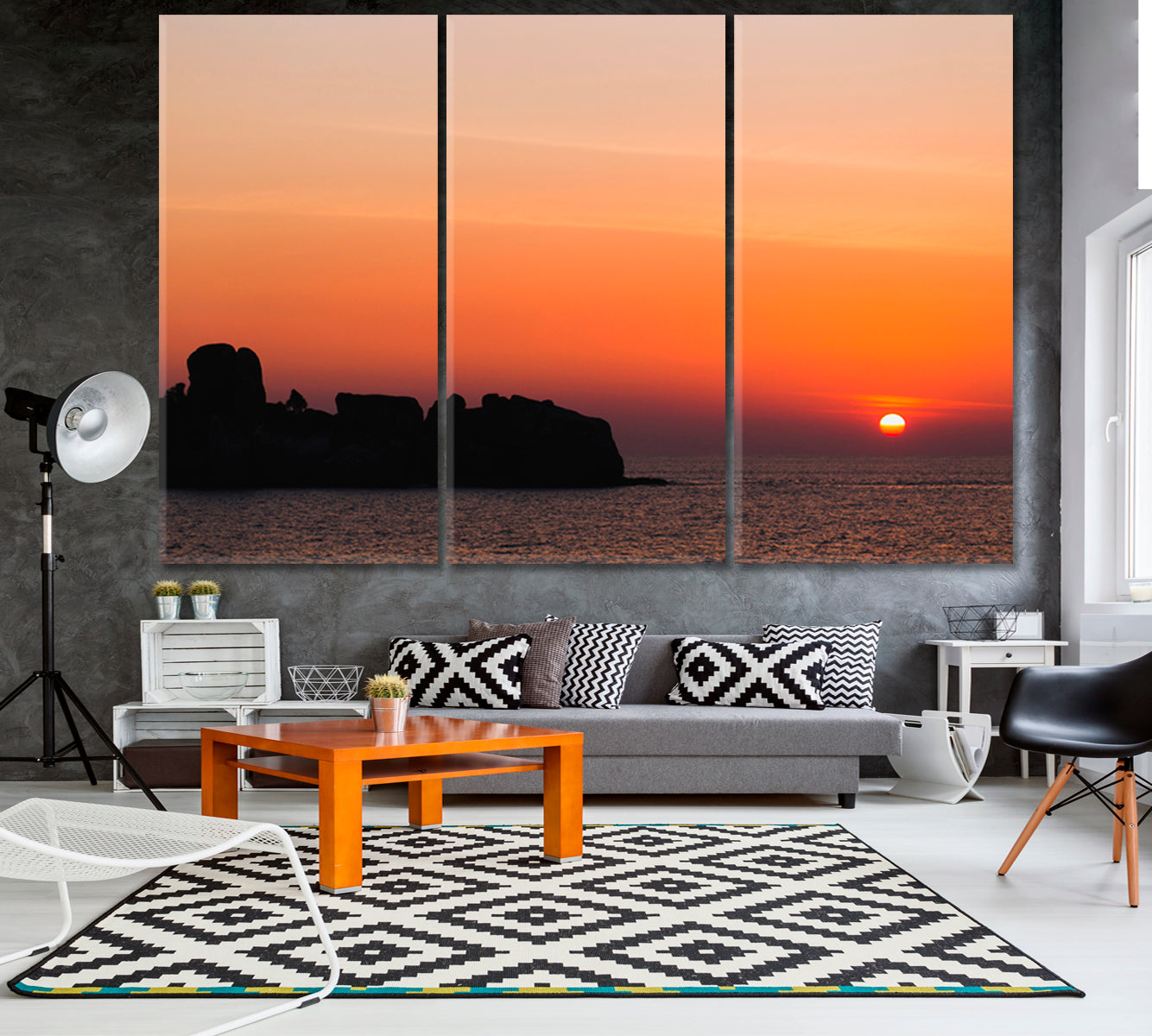 Bright Orange Sunset Over Ocean Tropical Island Landscape Scenery Landscape Fine Art Print Artesty 3 panels 36" x 24" 
