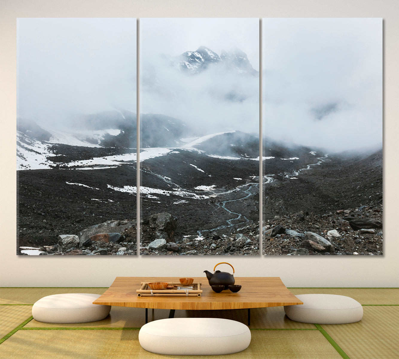 Mountain Landscape: Rocks Creeping Fog High Snowy Peaks Clouds Canvas Print Nature Wall Canvas Print Artesty   