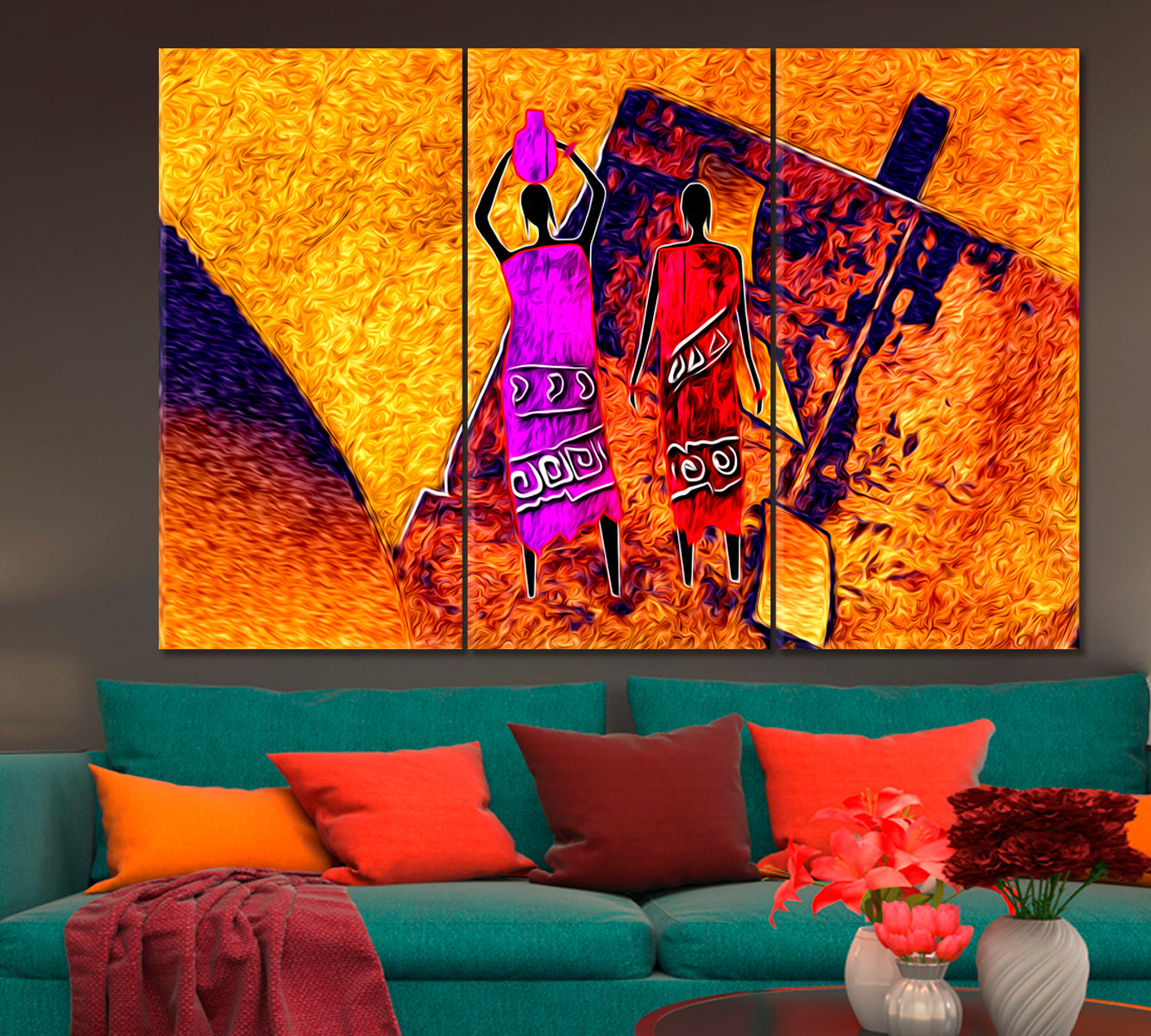 AFRICAN MOTIVE Ethnic Retro Vintage Canvas Print Abstract Art Print Artesty 3 panels 36" x 24" 