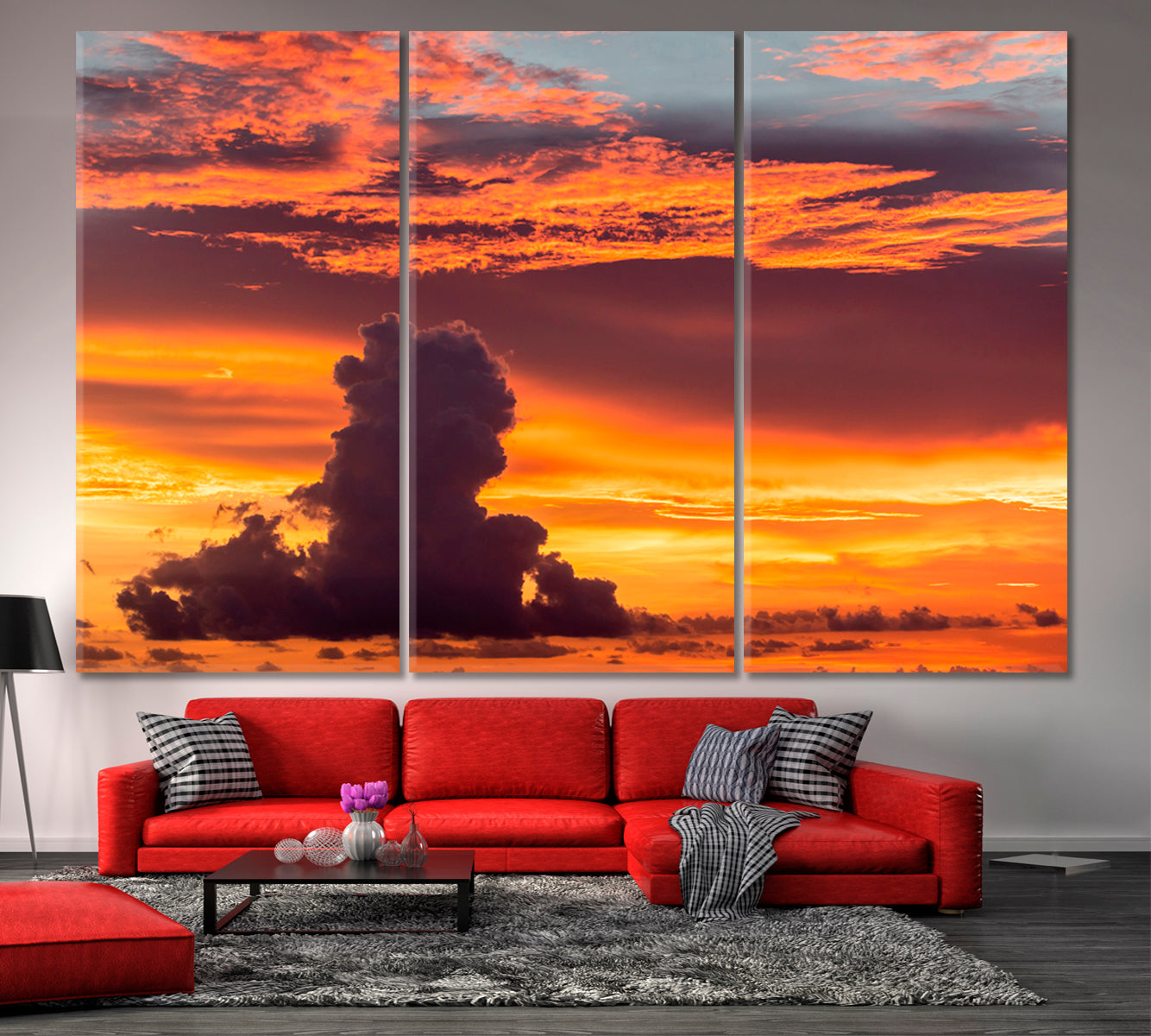 SKYSCAPE Tropical Sunset Amazing Red Orange Pink Clouds Majestic Colorful Canvas Print Skyscape Canvas Artesty 3 panels 36" x 24" 