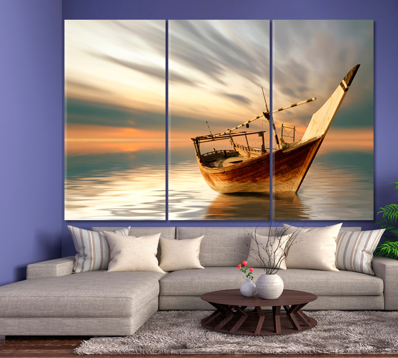 Lonely Boat Middle of the Sea Breathtaking Artistic Landscape Marine Life Canvas Print Scenery Landscape Fine Art Print Artesty 3 panels 36" x 24" 