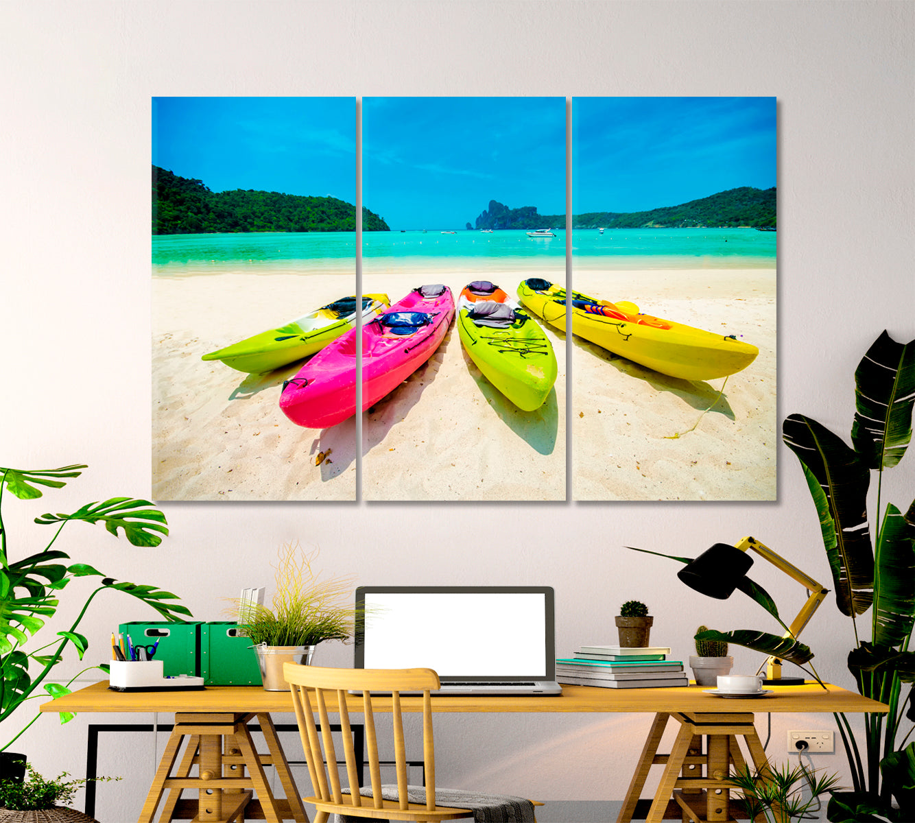 ADVENTURE Colorful Kayaks Boat Caribbean Beach Blue Ocean Traveling Around Ink Canvas Print Artesty 3 panels 36" x 24" 