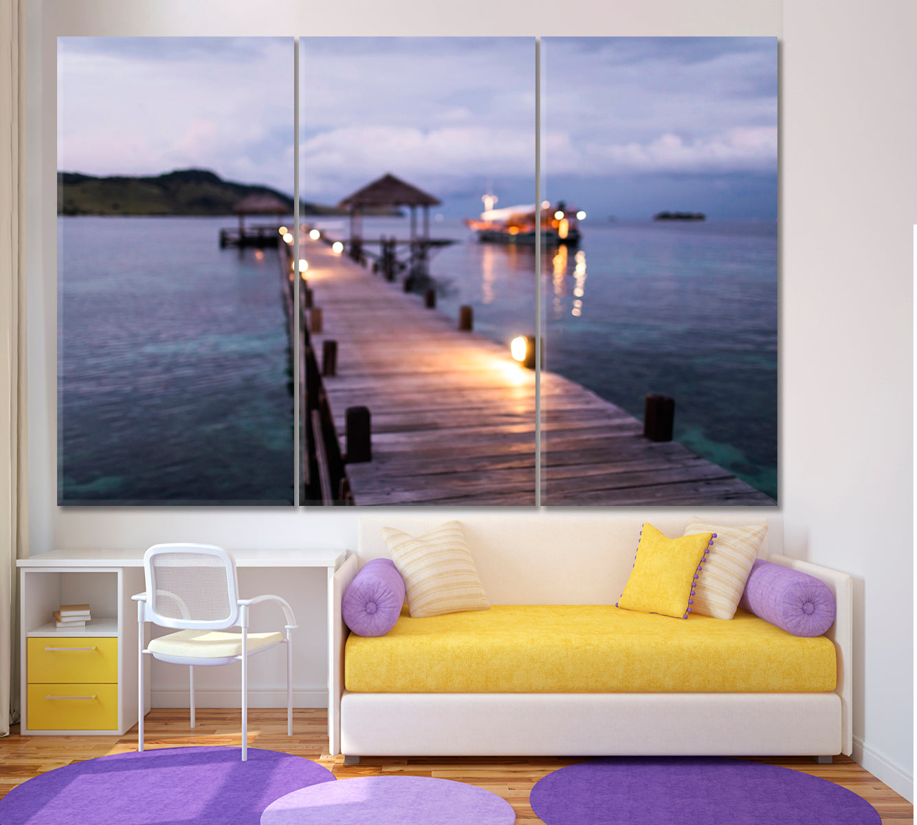 Tropical Island Marine Pier Yacht Twilight Bokeh Lights Blurred Canvas Print Scenery Landscape Fine Art Print Artesty   