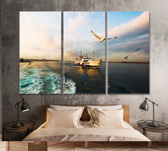FAR SIDE OF THE SEA Blue Skies Bluer Water Seagull Morning Ferry in the Strait Scenery Landscape Fine Art Print Artesty   