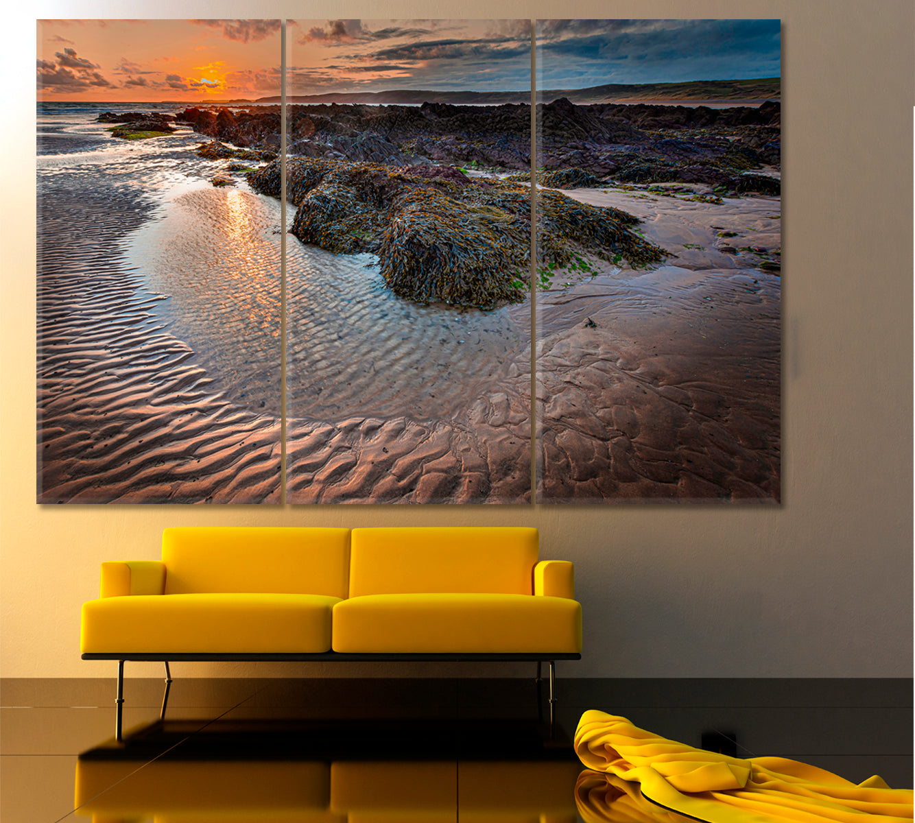 TRANQUILITY Ethereal Sunset Scene Beautiful Rocky Beach Scenery Landscape Fine Art Print Artesty 3 panels 36" x 24" 