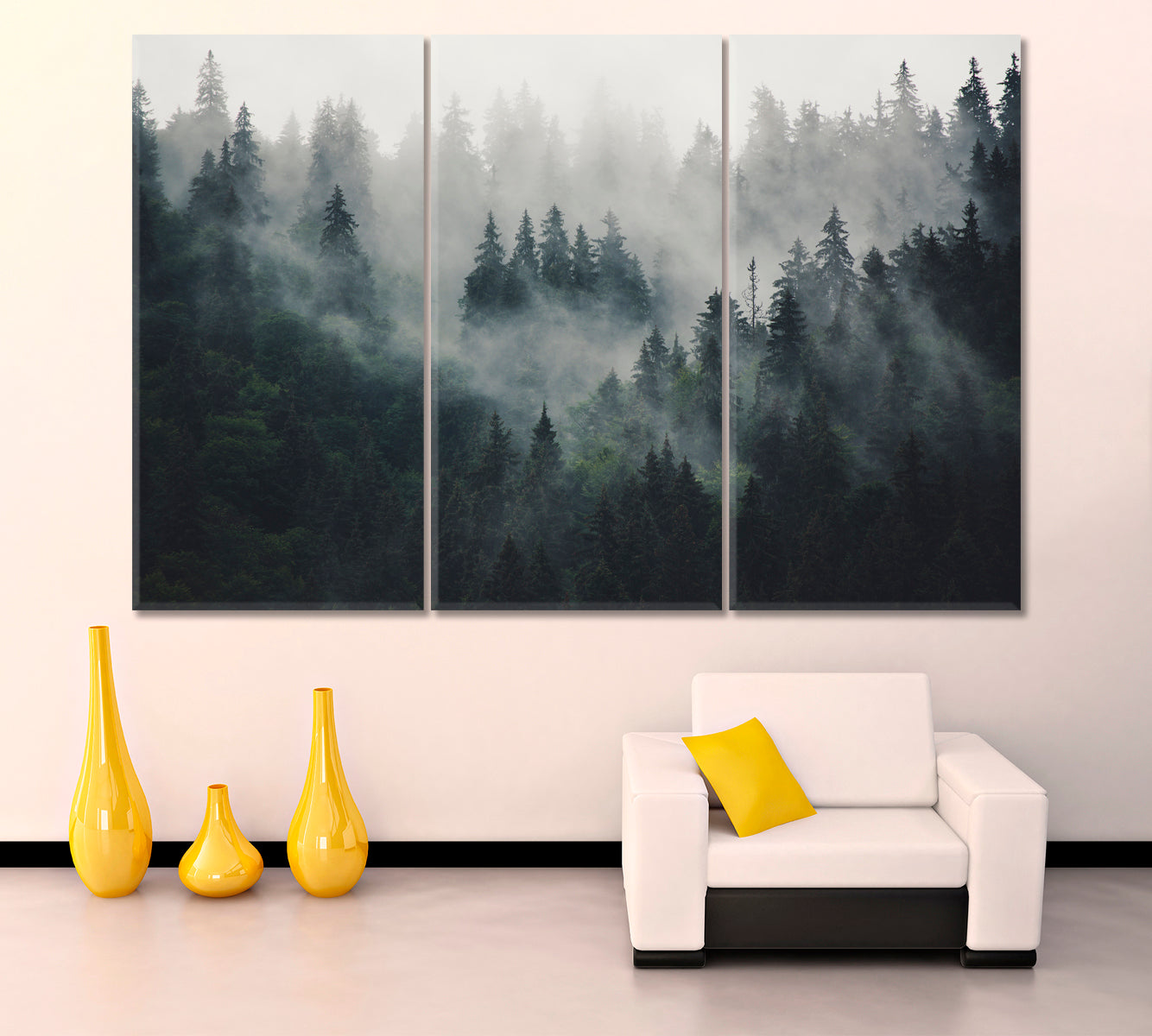 Misty Landscape Fir Forest in Hipster Vintage Retro Style Canvas Print Nature Wall Canvas Print Artesty 3 panels 36" x 24" 