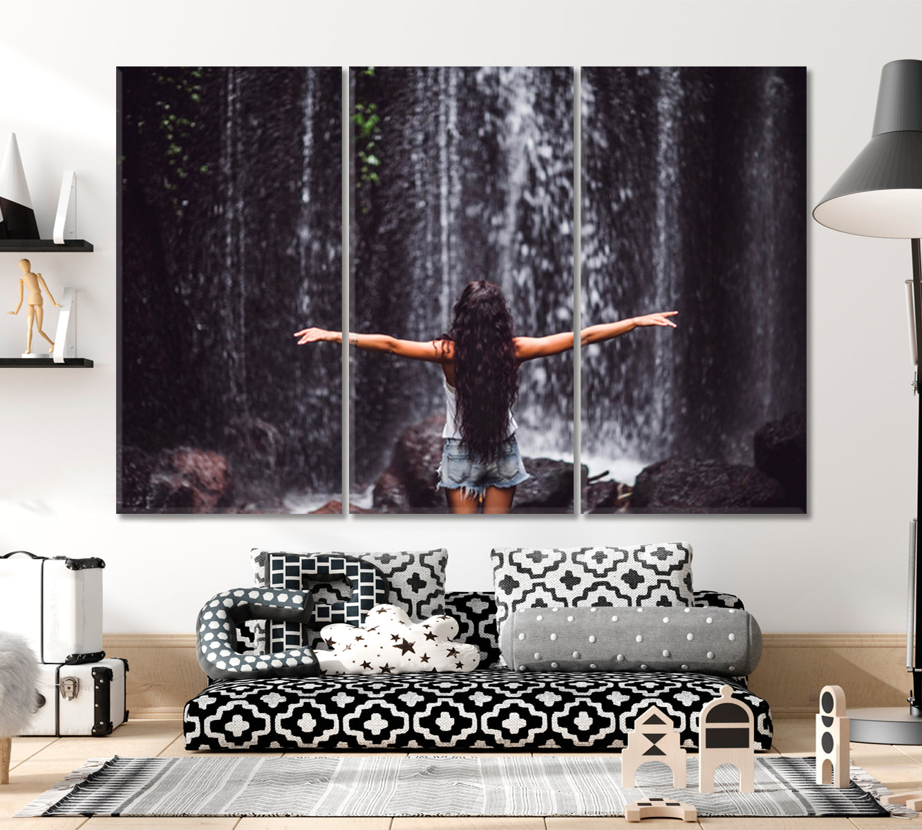 UNDER WATERFALL Cascade Tropical Rainforest Nature Beautiful Girl Nature Wall Canvas Print Artesty   