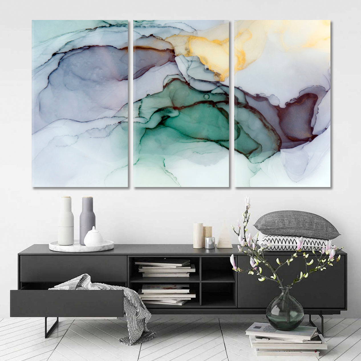 Ink Colors Purple Green Beautiful Natural Luxury Fluid Art, Oriental Marbling Canvas Print Artesty 3 panels 36" x 24" 