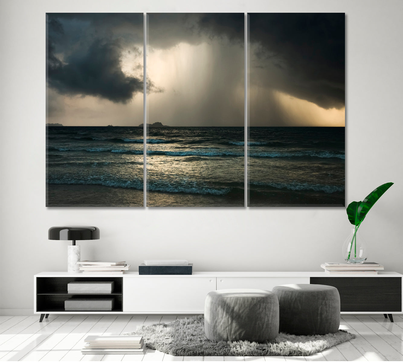 Amazing Dramatic Seascape with Storm Rain Dark Clouds Scenery Landscape Fine Art Print Artesty 3 panels 36" x 24" 