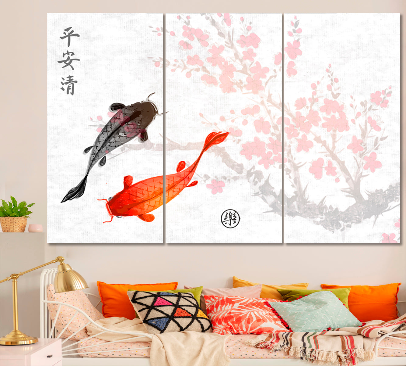 ZEN Sakura Koi Fishes Traditional Oriental Peace Tranquility Clarity Joy Asian Style Canvas Print Wall Art Artesty   