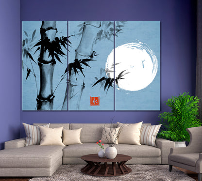 ZEN ETERNITY Bamboo Moon Traditional Japanese Sumi-e Ink Blue Asian Style Canvas Print Wall Art Artesty   