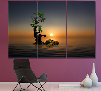 Silent Morning on the Beach Lonely Tree Fantasy Landscape Canvas Print Scenery Landscape Fine Art Print Artesty 3 panels 36" x 24" 