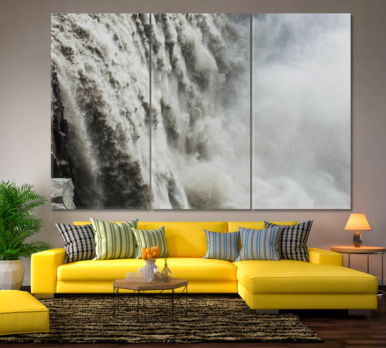 Breathtaking Dramatic Powerful Dettifoss Waterfall Iceland Close-up Flowing Water Stream Canvas Print Scenery Landscape Fine Art Print Artesty 3 panels 36" x 24" 