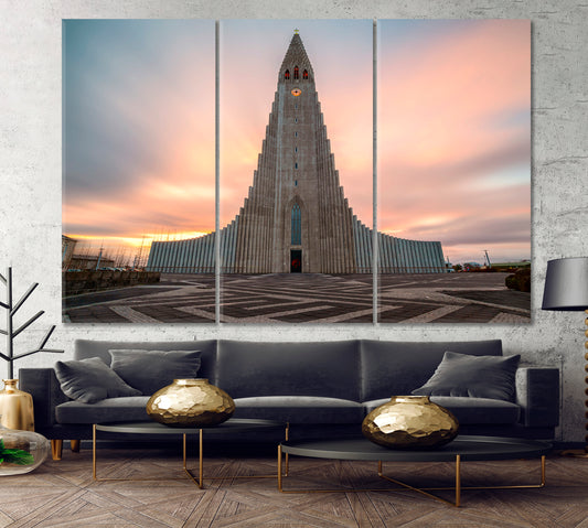 Boreal Polar Aurora Hallgrímskirkja Largest Church Iceland Reykjavík Beautiful Sunrise Landscape Canvas Print Scenery Landscape Fine Art Print Artesty 3 panels 36" x 24" 